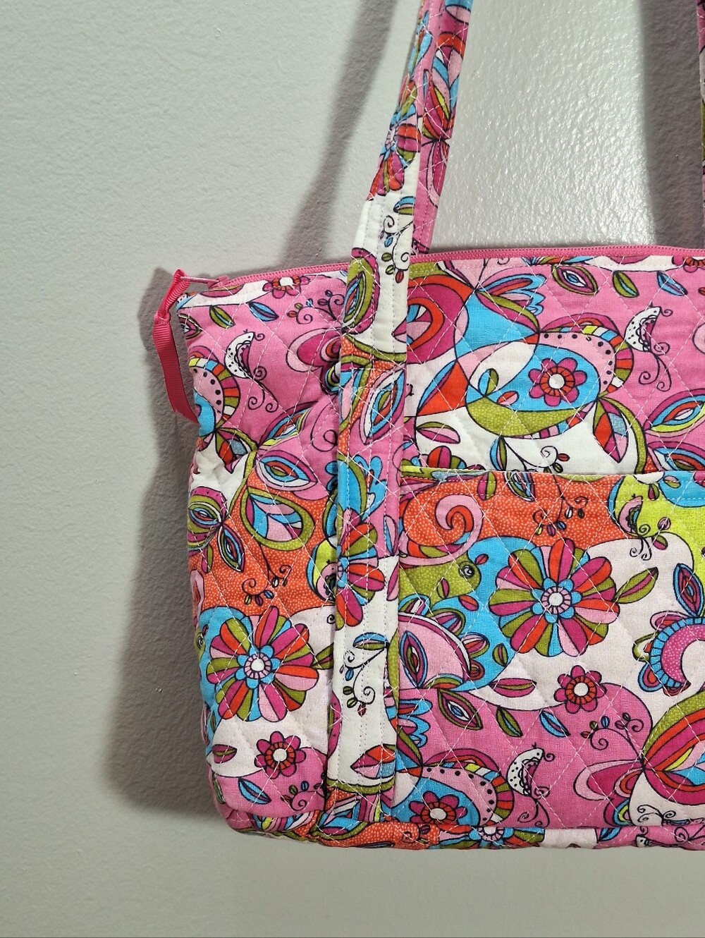 Handmade Quilted Cotton Tote Bag Purse 12X9 In Paisley Floral Pink Blue Pockets - Picture 7 of 16